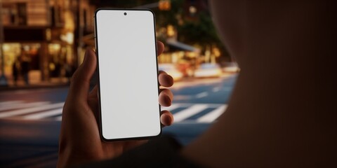 CU Caucasian male using his phone in the street, evening, blank screen mockup