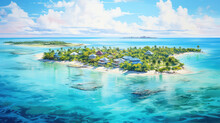 Oil Painting On Canvas, Maldives Paradise Scenery. Tropical Aerial Landscape, Water Villas With Amazing Sea And Lagoon Beach, Tropical Nature. Exotic Tourism Destination Banner, Summer Vacation.