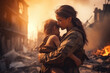 Mother holds a child in her arms against the backdrop of a destroyed city street. There was no war. Civilian population.
