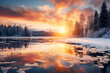 Sunset over river in winter mountains ai generated art.