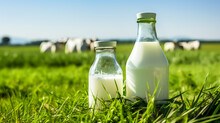 Bottle Of Milk Standing On An Alpine Meadow With Green Grass On A Sunny Summer Day. Blue Sky Mountains Cow In The Background. Dairy Production Healthy Diet Concept