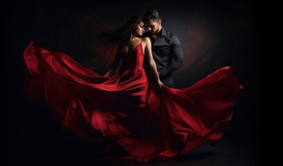 beautiful couple man and woman in red dress dancing tango