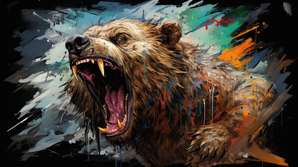 a painting of a bear with its mouth open and teeth wide open. generative ai
