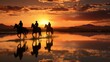 group of people riding horses into the sunset, copy space, 16:9