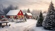 Christmas tree farm covered in snow, ornaments, and other holiday decor, copy space, 16:9