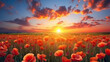  a field full of red flowers with the sun setting in the background.  generative ai