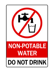 Wall Mural - Non-potable water, do not drink. Ban sign with glass of water and faucet. Text below on red and white background.