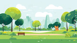 Fototapeta Natura - Illustration of a beautiful public park with a simple and minimalist drawing style. Landscape design that is orderly and quiet with no visitors.