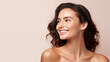 © AB-lifepct - Brunette woman beauty model in front of pastel pink background. Facial skincare and makeup banner.