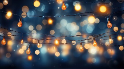 Wall Mural - christmas holiday illumination and decoration concept - christmas garland bokeh lights over dark blue background