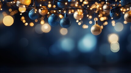 Wall Mural - christmas holiday illumination and decoration concept - christmas garland bokeh lights over dark blue background