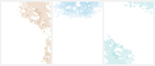 Set Of 3 Delicate Abstract Watercolor Painting Style Vector Layouts. Light Beige And Light Ice Blue Paint Stains On A White Background. Pastel Color Stains And Splatter Print With Copy Space. RGB.