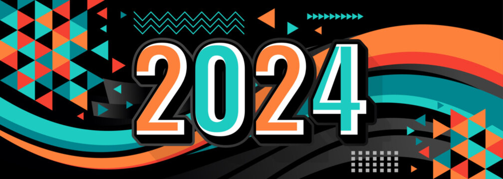 2024 Happy New Year logo trend design. 2024 colored number design template. 2024 typography symbol Happy New Year. Vector illustration with labels trendy and fashionable colors.

