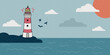 Lighthouse on seashore flat vector illustration. Island pharos, lighthouse, seascape, signal building on the seaside. Hand drawn