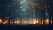 Ethereal Mysterious Forest Background at Night Time with Fireflies and Warm Lights, Room for Copy, Dark and Moody