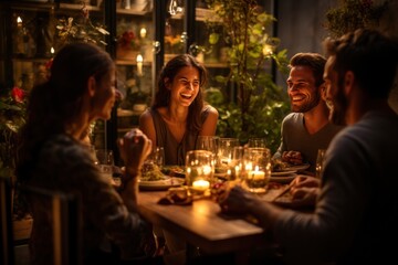 Happy friends enjoying dinner party at yard