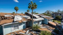 Hurricane Force Winds Destroy Roofs Of Suburban Homes In Mobile Home Neighborhoods In Florida.