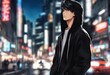 AI-generated illustration of A young adult anime male standing alone in an urban street at night