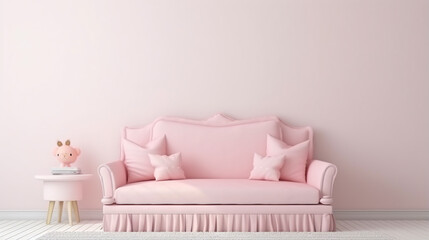 Sticker - baby pink Sofa in wall child room interior. pink sofa pink living room minimal style. generative ai