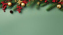  A Green Christmas Background With Gold And Red Ornaments And Pine Cones.  Generative Ai