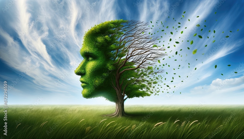 A surreal portrayal of a human face evolving into a vibrant tree ...