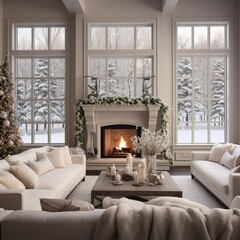 Wall Mural - Luxurious Interior Design of a Modern House decorated for Christmas Event. 25th December is coming. Cold Winter Day, Snowy Day.