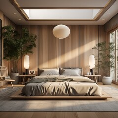 Wall Mural - Professional Photo of a Luxury Wooden Bedroom illuminated with Sunlight coming from a Window. Modern Lighting System.