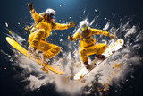 Fototapeta Sport - enjoying snowboarding, Concept travel ski, Snowboarder jumping, ski resort, Snow sports , snow mountains, Frosty winter view, concept rest, theme recreation, neon banner, advertising photo