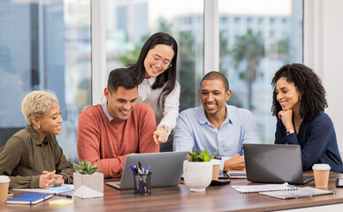 Aufkleber - Digital marketing SEO, laptop or business people in meeting planning a group or startup project. Asian manager, help or employees in collaboration for our vision, online strategy or ecommerce goals