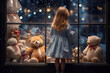 A little girl is standing in front of a toy store window and looking at a teddy bear