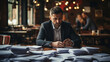 © Creator - Employee stressed with business paperwork. Portrait. Businessman check, review legal documents. Prepare documents or analytical reports, tax lists.