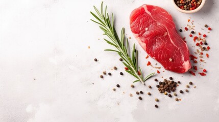 Wall Mural - Fresh beef steak with rosemary sprigs and peppercorns isolated on white background.