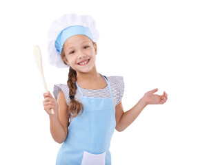 Girl, smile and chef in childhood, portrait and wooden spoon for imagination, prepare food and play. Happy female child, learning and development for fun, isolated and transparent png background