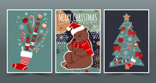 Set Of Merry Christmas Posters With Cute Bears And Winter Elements. Vector Flat Illustration In Trendy Colors.