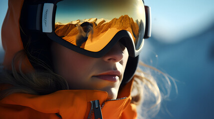 Wall Mural - snowboarder smiling, young skier, portrait girl snowboarder, ski goggles, close-up photo, Winter holidays, snowboard vacation, Concept travel ski, Snow sports, Copy space available