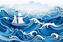 Paper Cutting Art Style Of Boat On Sea, Rain, Wave, Vector Graphic, Blue And White Color