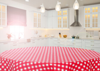 Poster - Empty table with checkered tablecloth in kitchen, space for design