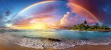 Fototapeta Tęcza - beautiful nature landscape horizon sky rainbow on a summer day beach tropical islands sea