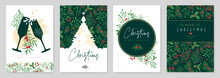 Set Of Christmas Holiday Greeting Cards Or Covers With Christmas Floral Desoration. Vector Illustration