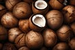 Coconut shell with coconuts on a wooden background. Generative AI.