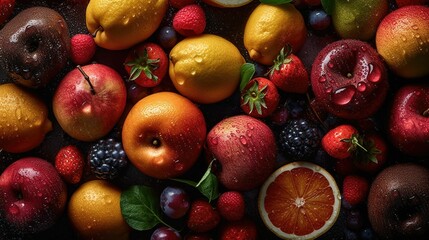 Poster - AI generated illustration of an assortment of fresh juicy, wet fuits on a table