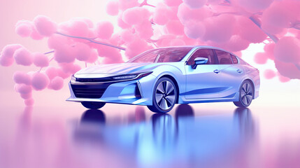 Wall Mural -  a blue car parked in front of a bunch of pink flowers.  generative ai