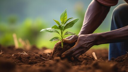 a cropped image shows an african american agricultural laborer sowing coffee seeds.