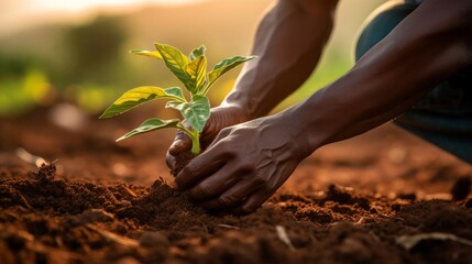 A cropped image shows an African American agricultural laborer sowing coffee seeds.