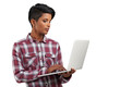 © Shubham/peopleimages.com - Laptop, typing and woman reading internet information, online shopping or search website blog, media or social network. Computer, research and person check email on transparent, png background