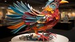Vibrant feathers cascade from a whimsical avian creation, perched gracefully upon a table as a symbol of untamed artistic expression within the confines of a home