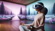 As she immerses herself in a futuristic world through her vr goggles, a woman finds inner peace and wellbeing, her mind transcending to new heights mental health benefits of this innovative technolog