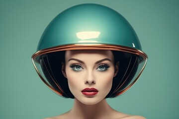 Wall Mural - Retro portrait of girl in blue futuristic helmet on blue pastel background.