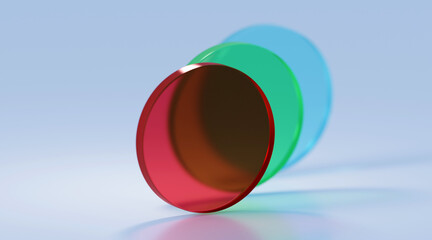 Aufkleber - 3D rendered illustration with glass cylinders in different colors. A minimal abstract scene with geometrical forms on a light background. Set of Geometric shapes in a dynamic composition.