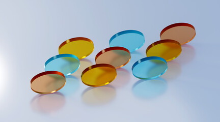 Aufkleber - 3D rendered illustration with glass cylinders in blue, yellow, and orange colors. A minimal abstract scene with geometrical forms on a light background.